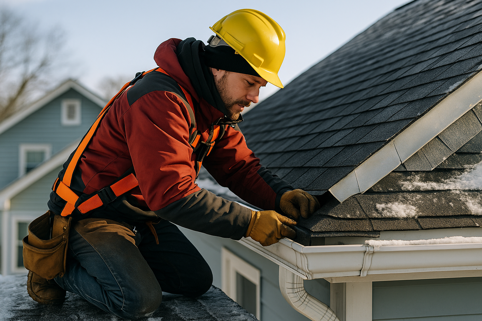 Editorial illustration depicting north asheville roof replacement winter ice storms